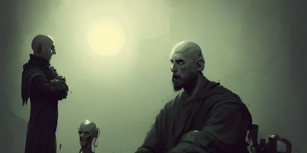 Image similar to duotone concept illustration 3 / 4 portrait almost bald face sinister merchant middle aged male glowing eyes sitting below willow foggy rustical style. medieval tunic cinematic volumentric lighting. by cd projekt red, sachin teng and sergey kolesov and ruan jia and heng z. graffiti art, scifi, fantasy, hyper detailed. octane render. trending on artstation