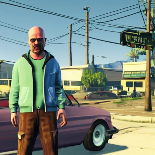 Prompt: Walter white as a grand theft auto 5 character, drug dealer