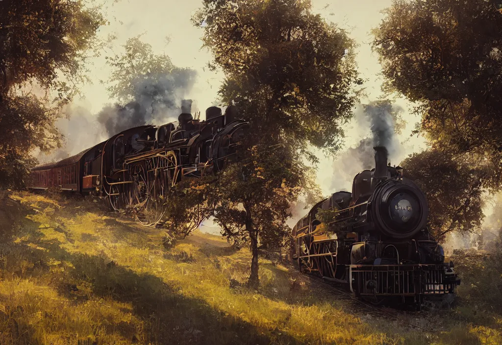 Prompt: a 1 9 th century steam train in a stunning landscape by ismail inceoglu, oil on canvas, line art, winning - award masterpiece, fantastic, octane render, 8 k hd resolution, high quality image