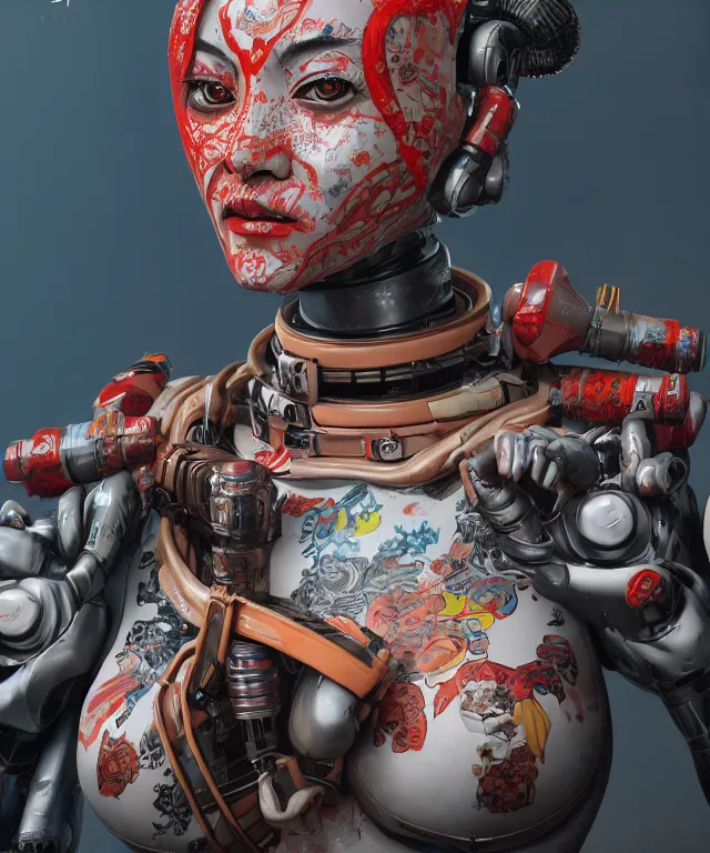 Image similar to an epic fantastic realism comic book style portrait painting of a japanese robotic geisha with kanji tattoos and decals, apex legends, octane render, intricate detail, 4 k hd, unreal engine 5