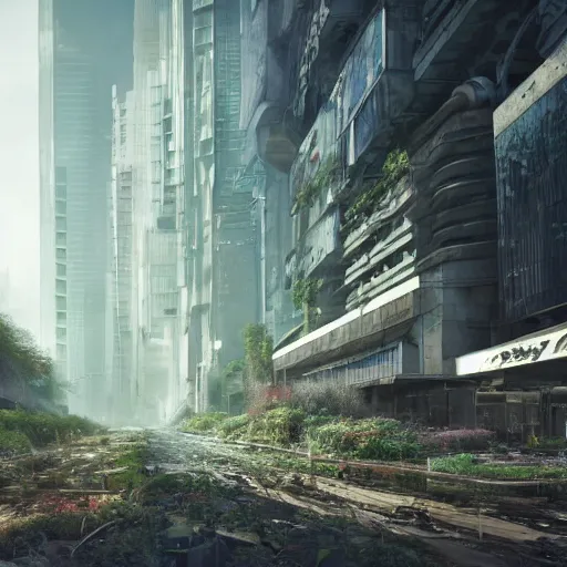 Image similar to beautiful nature reclaiming a dystopian city, cyberpunk, sharp focus, dynamic lights, still, photograph, hyper realistic, masterpiece, octane render, rendered, 3 d, cinematic, cinematic lighting, dramatic lighting, highly detailed, intricate details, texture, cinematic composition, by donglu yu and kevin jick and eddie del rio