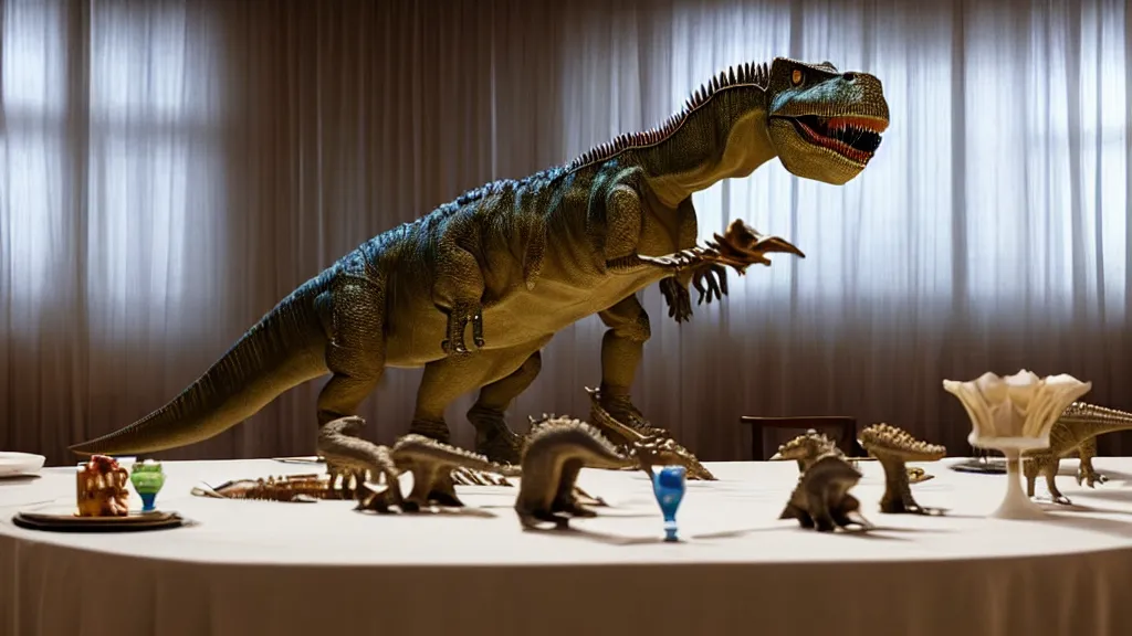 Image similar to the dinosaur sits at a table, made of wax and water, film still from the movie directed by Denis Villeneuve with art direction by Salvador Dalí, long lens, shallow depth of field