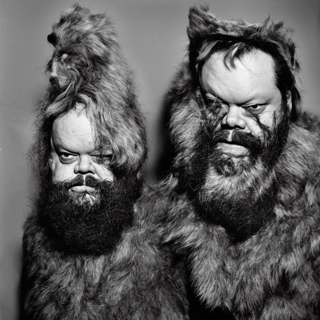 Prompt: An Alec Soth portrait photo of Orson Welles as hairy werewolf, wearing multiple military helmets