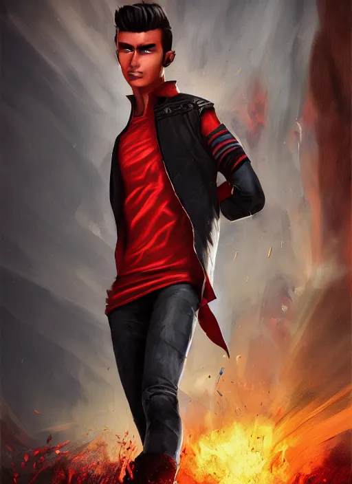 Image similar to An epic fantasy comic book style portrait painting of a young man with black and red cowlick undercut haircut, wearing a red shirt, black overcoat, blue jeans. Unreal 5, DAZ, hyperrealistic, octane render, cosplay, RPG portrait, dynamic lighting