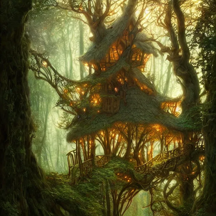 Prompt: cozy enchanted treehouse in ancient forest , diffuse lighting, fantasy, intricate, elegant, highly detailed, lifelike, photorealistic, digital painting, artstation, illustration, concept art, smooth, sharp focus, art by John Collier and Albert Aublet and Krenz Cushart and Artem Demura and Alphonse Mucha