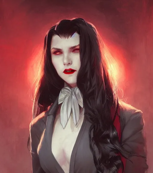 Image similar to a vampire girl, fangs out, grey hair, red necktie, cinematic, stunning, highly detailed, digital painting, artstation, smooth, hard focus, full body shot, illustration, art by artgerm and greg rutkowski and alphonse mucha