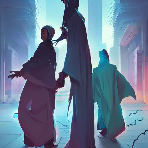 Image similar to cyberpunk sufis whirling with long robes around a mosque official fanart behance hd artstation by jesper ejsing, by rhads, makoto shinkai and lois van baarle, ilya kuvshinov, ossdraws