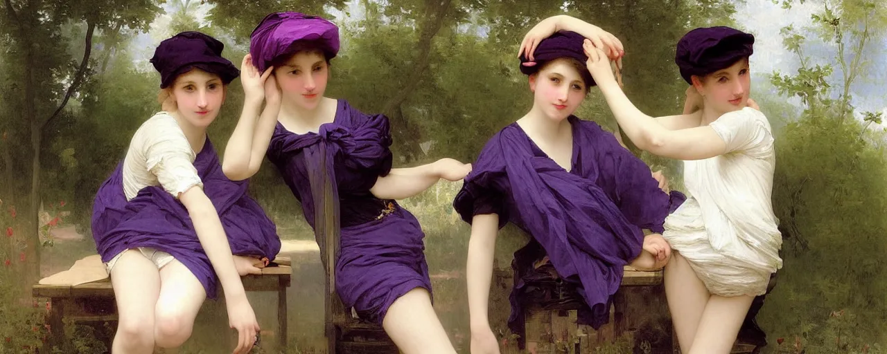 Image similar to A painting of many mysterious girls with short blond hair wearing an oversized purple Beret, Baggy Purple overall shorts, Short Puffy pants made of silk, silk shoes, a big billowy scarf, Golden Ribbon, and white leggings Covered in stars. Short Hair. Sunlit. Haute Couture.Art by william-adolphe bouguereau and Paul Delaroche and Alexandre Cabanel and Anna Dittmann and WLOP and Artgerm. Smooth. Elegant. Highly Detailed. Intricate. Dreamlike. Cloudscape. 4K. UHD. Denoise.