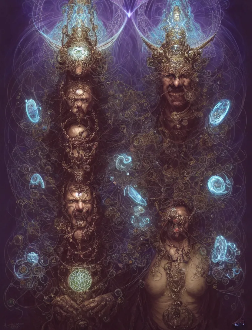 Image similar to front shot of a court jester character, hyperdimensional, bioluminescent hypercubes, dark holography!!!, (((intricate))), elegant, highly detailed, centered, (((artstation, concept art, smooth, sharp focus, artgerm, Tomasz Alen Kopera, Peter Mohrbacher, donato giancola, Joseph Christian Leyendecker, WLOP, Boris Vallejo))), mugshot!!!!!, ugly!!!!!!, octane render, nvidia raytracing demo, octane render, nvidia raytracing demo, octane render, nvidia raytracing demo, grainy, muted, 8K, digitalblasphemy, metatron