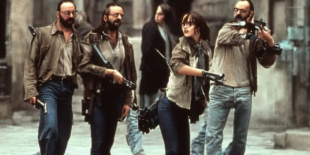 Image similar to Emma Watson and Jean Reno in Leon The Professional holding guns