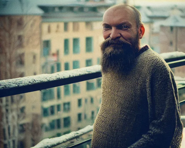 Image similar to lomographic tarkovsky film still of 4 0 years russian man with beard and sweater standing on small hrushevka 9 th floor balcony in taiga looking at sunset, perfect faces, cinestill, bokeh