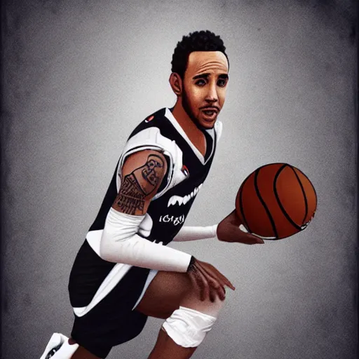 Prompt: Lewis Hamilton playing basketball, photo, trending on artstation