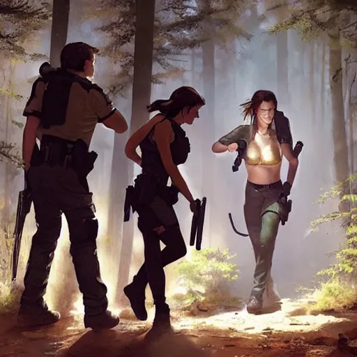 Image similar to photo of lara croft being arrested by cops in a forest, 8 k, by greg rutkowski, artgerm,
