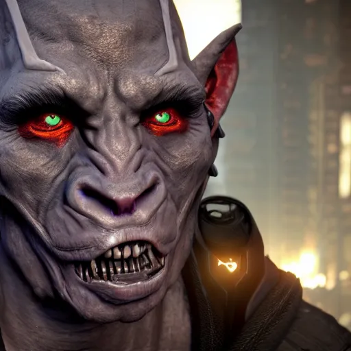 Image similar to hyper realistic cyberpunk orc, perfect face, 8 k, unreal engine, ultra detailed.