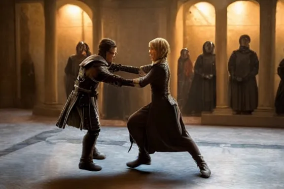 Prompt: very very intricate photorealistic photo of jaime lannister fighting cersei, photo is in focus with detailed atmospheric lighting, award - winning details