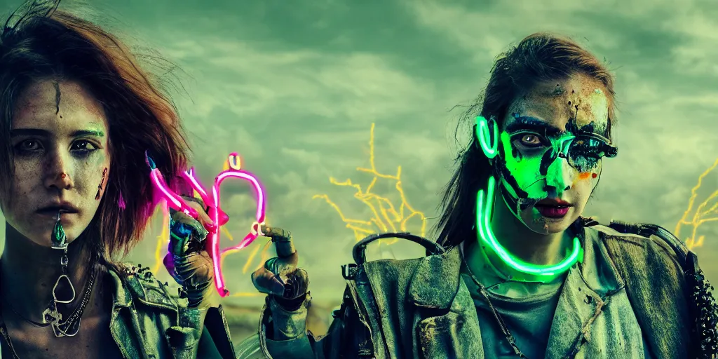 Image similar to post apocalyptic scene with half android half female wearing jewelry along mutated animals and colorful neon from far dystopian city, ultra wild lens, high details, 8k