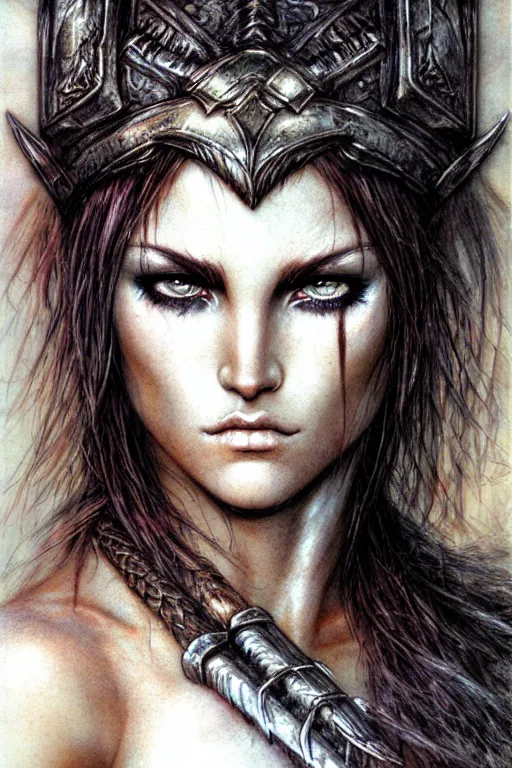 Prompt: head and shoulders portrait of a barbarian, female, high fantasy, d & d, by luis royo, face details, smooth, sharp focus, digital illustration,