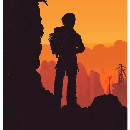 Image similar to in the style of max prentis and deathburger and laurie greasley a silhouette of two young explorers wearing cyberpunk headpieces watching the sunset in the distance from within a lush cave, highly detailed, 8k wallpaper