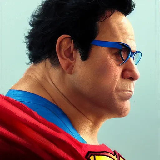 Image similar to portrait of a danny devito as superman by greg rutkowski, highly detailed portrait, digital painting, artstation, concept art, smooth, sharp foccus ilustration, artstation hq