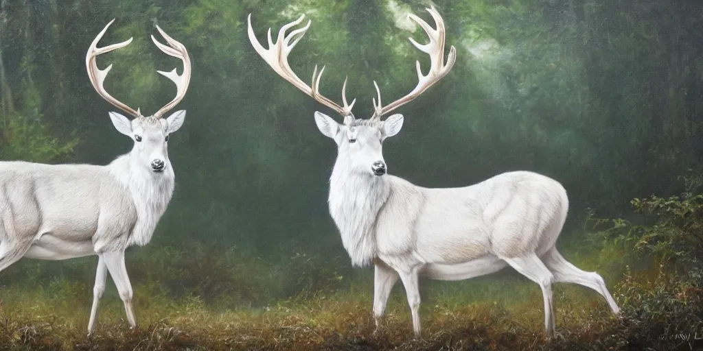 Image similar to an oil painting of the king of the forest: a white stag, beautiful, fantasy, hyper realistic, dramatic lighting, 8k,