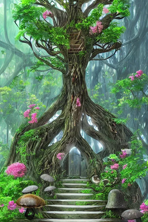 Image similar to professional digital art detailed forest tree with door and stairs, magical forest flowers mushrooms cgsociety wlop behance by pixiv