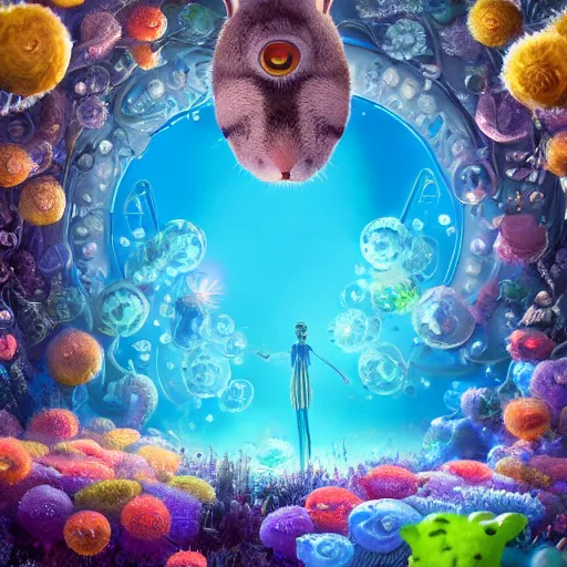 Image similar to gates of heaven, expressive eyes, floating, rbc, bunny, radiolaria, protophyta, micro - organisms, center frame, symmetric, rim light, marine microbiology, bioluminescence, electric, fur, soft, concept art, intricate details, highly detailed, colorful, photorealistic, disney pixar, octane render,