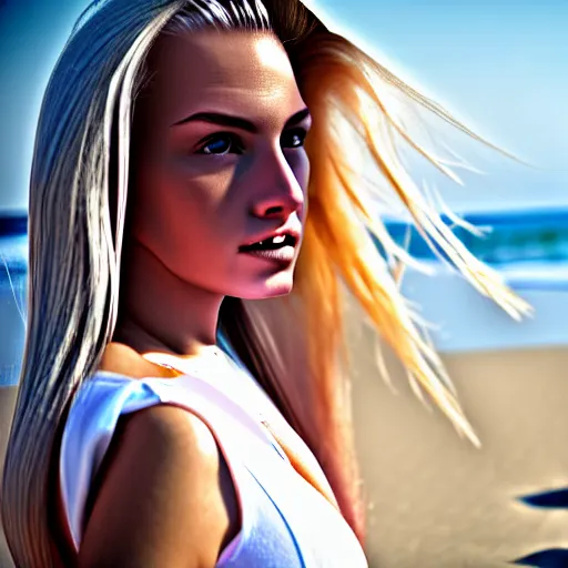 Image similar to a woman standing at the beach with long blonde hair, straight hair, white clothes, professional, photograph, highly detailed, beautiful face, elegant, 4k, photorealistic, dramatic lighting, trending on social media,