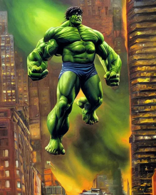 Prompt: a moody oil painting of the incredible hulk looking angry as he bursts through a wall at noon in a city by joe jusko.