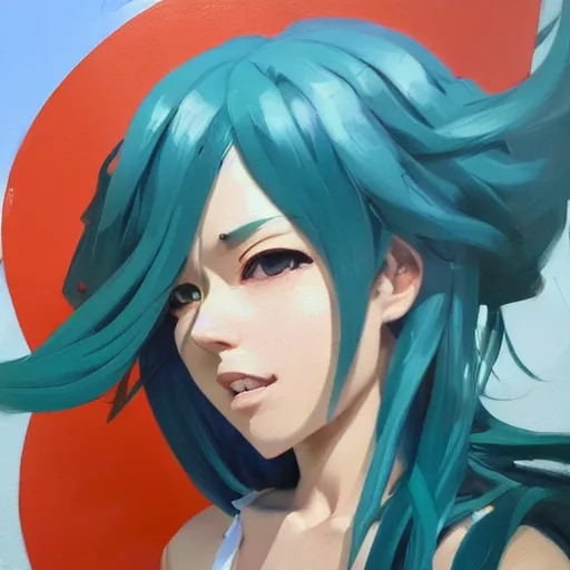 Image similar to greg manchess portrait painting of asada shino sinon as overwatch character, turquoise hair, medium shot, asymmetrical, profile picture, organic painting, sunny day, matte painting, bold shapes, hard edges, street art, trending on artstation, by huang guangjian and gil elvgren and sachin teng