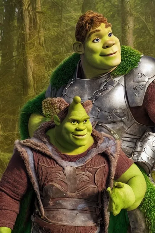 Image similar to Chris Pratt as Shrek in live action adaptation, green skin, set photograph in costume, cosplay