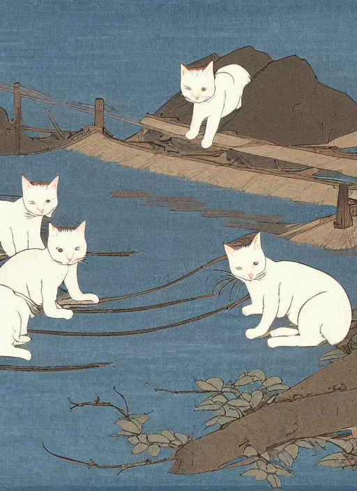 Image similar to whitecat with 2 baby white cats of utagawa hiroshige, digital painting 4 k uhd image, highly detailed