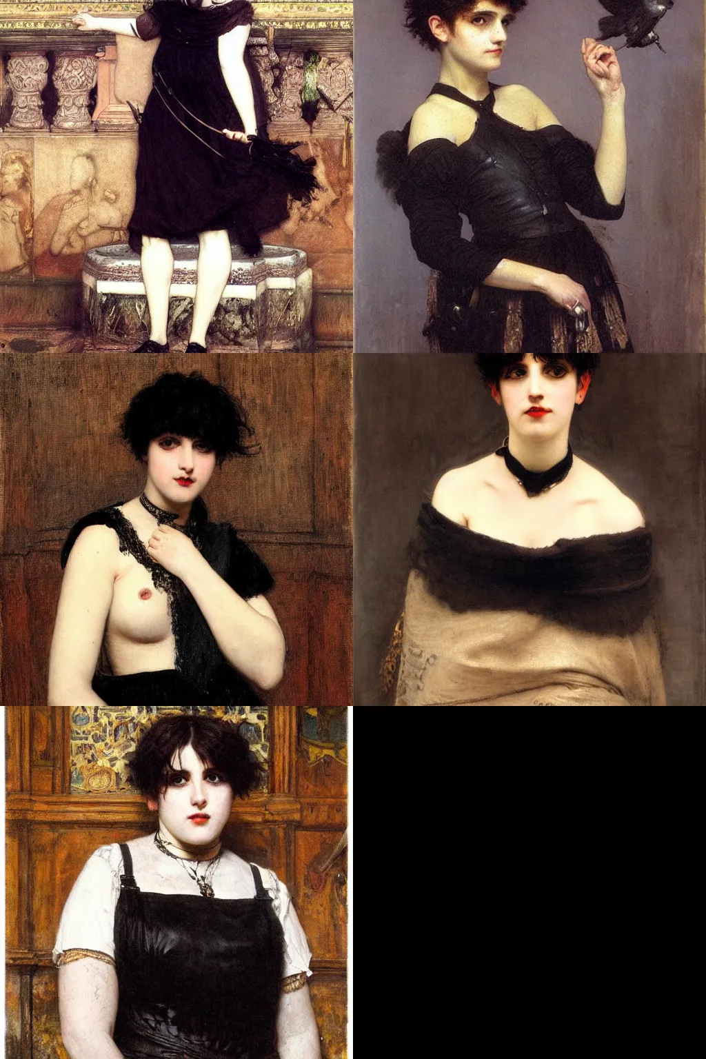 Prompt: goth painted by lawrence alma - tadema. high - quality character portrait. short dark brown messy pixie haircut, large black eyes, slightly rounded face, pointed chin, small nose, black tank top, black leather jacket, black knee - length skirt, black choker.