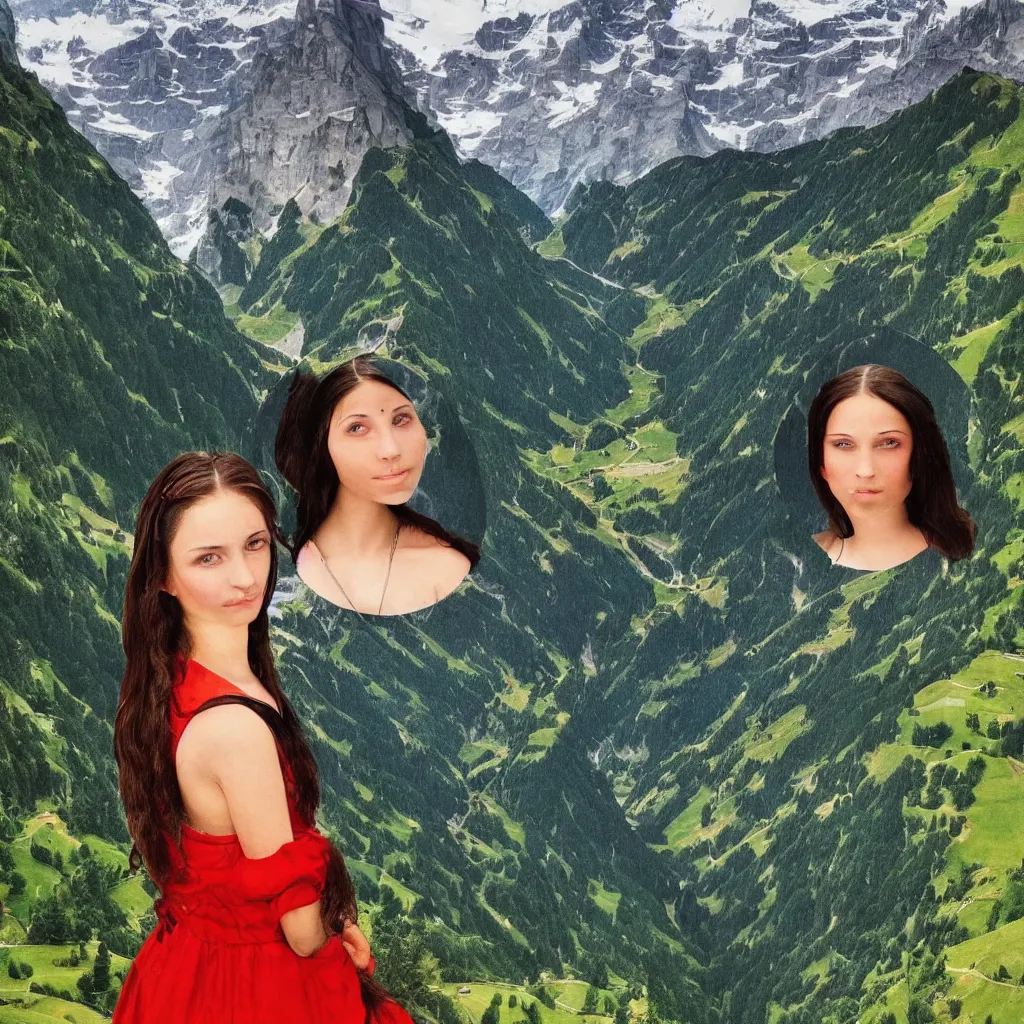 Image similar to A girl that looks like the mona lisa with beautiful switzerland landscape in the background