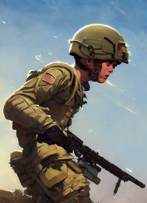 Image similar to us soldier in full battle gear, hd artstation, makoto shinkai, dean cornwell, lois van baarle, norman rockwell, ilya kuvshinov, j c leyendecker, victo ngai, mc clelland barclay, ossdraws, feng zhu, andreas rocha, john harris, cinematic