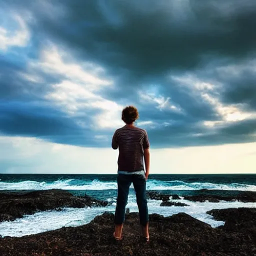 Image similar to young adult's head evaporizing, standing sideways in front of a rough sea, trippy sky