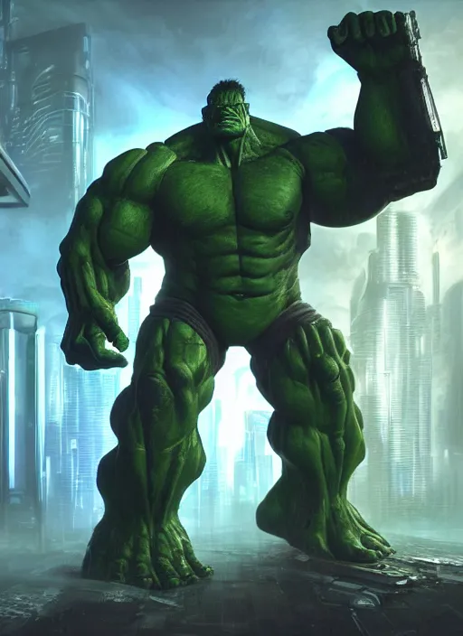 Image similar to cyberpunk scifi scene of a cybernetic modified hulk, cybernetic warrior in - plants, artstation, matt painting, very detailed, maximalism, ambient occlusion, volumetric light, atmospheric haze, unreal engine, hyper realism, realistic shading, cinematic composition, realistic render, octane render, detailed textures, photorealistic, wide shot