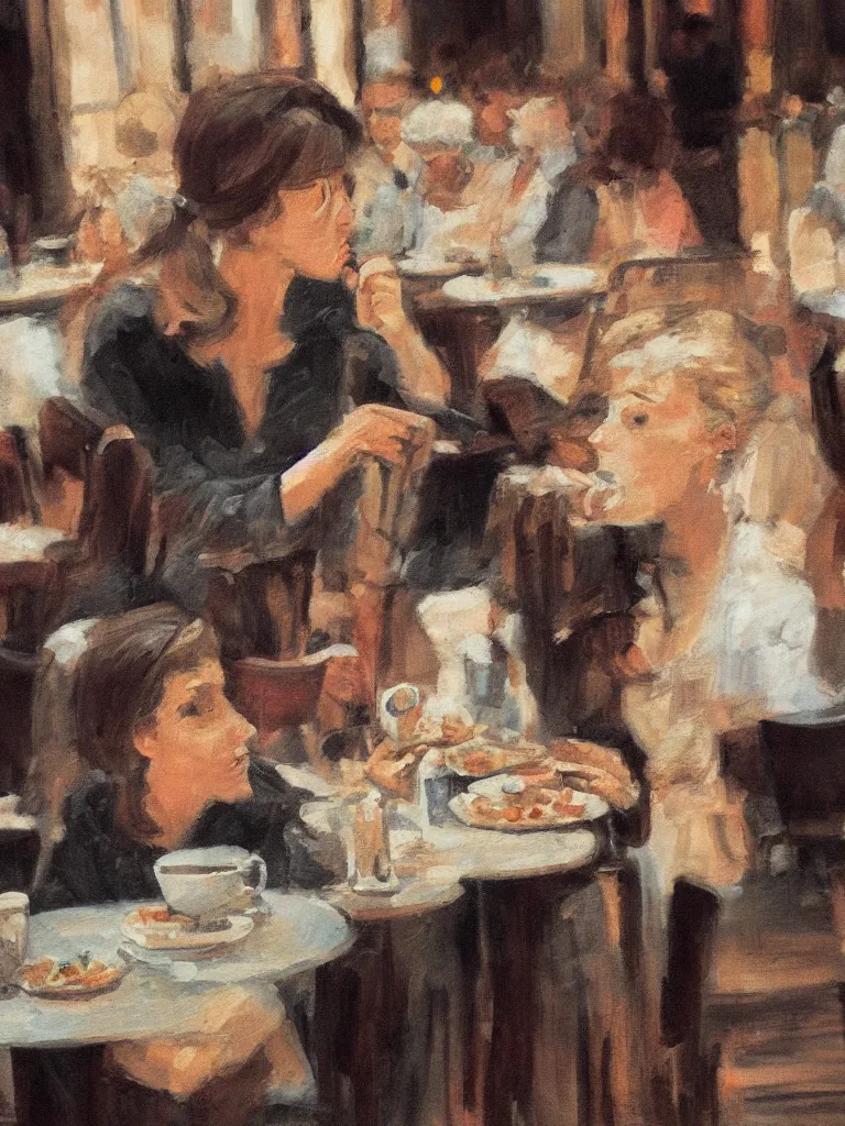 Prompt: woman eating in cafe in paris, close up, by disney concept artists, blunt borders, rule of thirds