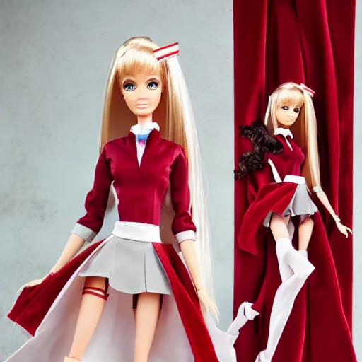 Image similar to anime barbie doll, in red velvet stockings, a nurse's dress, full length, heels on her feet