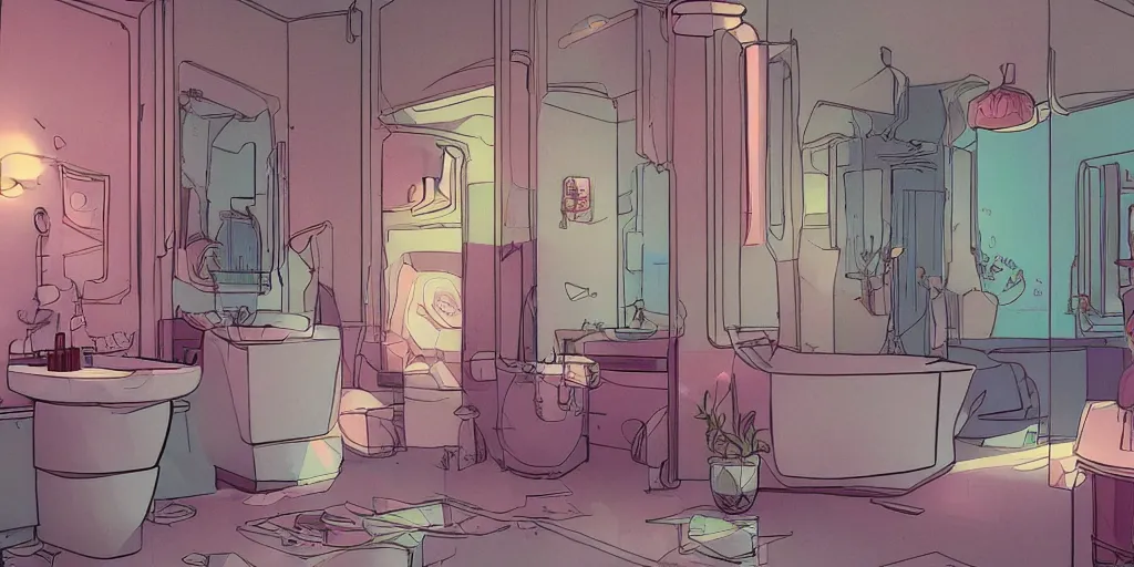 Image similar to bathroom interior, vaporwave, lofi, detailed, loish, trends in artstation by moebius,