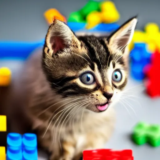 Prompt: a kitten sitting next to legos, dslr, close up, f4.3