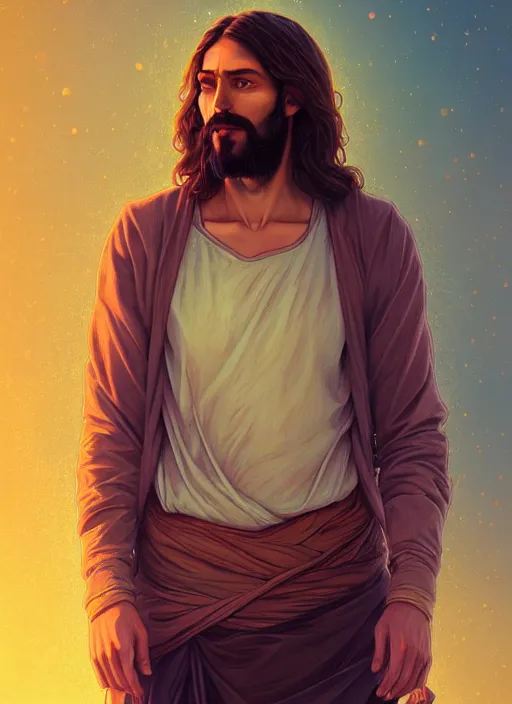 Image similar to handsome jesus, half body shot, path traced, highly detailed, high quality, digital painting, alena aenami, lilia alvarado, shinji aramaki, karol bak, alphonse mucha, tom bagshaw