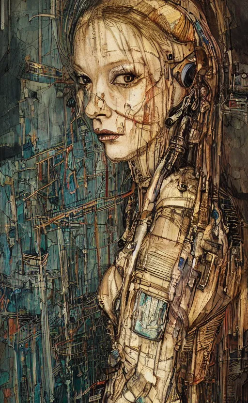 Image similar to woman wearing gown made of mech mask rendered in unreal engine, cyberpunk, rave, scifi, painted by albrecht durer | bernard buffet | carne griffiths | wlop