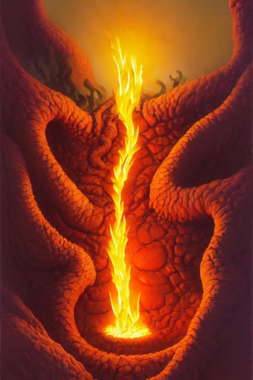 Prompt: classic oil painting, a flaming blob monster, as a dnd character, crawling out of a lava river, toward the camera viewer, dripping, smoking, cottagecore, highly detailed, digital illustration, concept art, adorable, smooth, sharp focus, art by tim hildebrandt, and greg hildebrandt