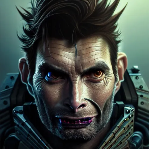 Image similar to portrait painting of a cyberpunk orc mercenary muscular david tennant, ultra realistic, concept art, intricate details, eerie, highly detailed, photorealistic, octane render, 8 k, unreal engine. art by artgerm and greg rutkowski and charlie bowater and magali villeneuve and alphonse mucha