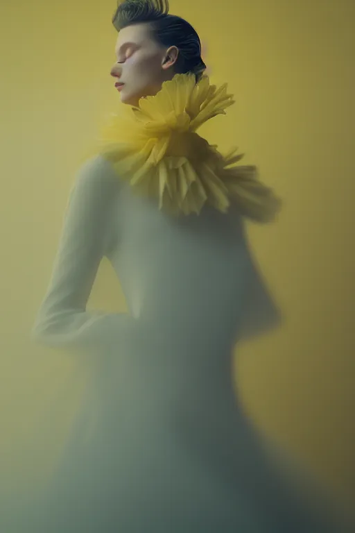 Prompt: a model wearing haute couture from valentino, macro photography, long exposure photograph, surrealism, anamorphic bokeh, cozy, soft light, yellow and blue, caustic, atmospheric fog, octane render, cinematic