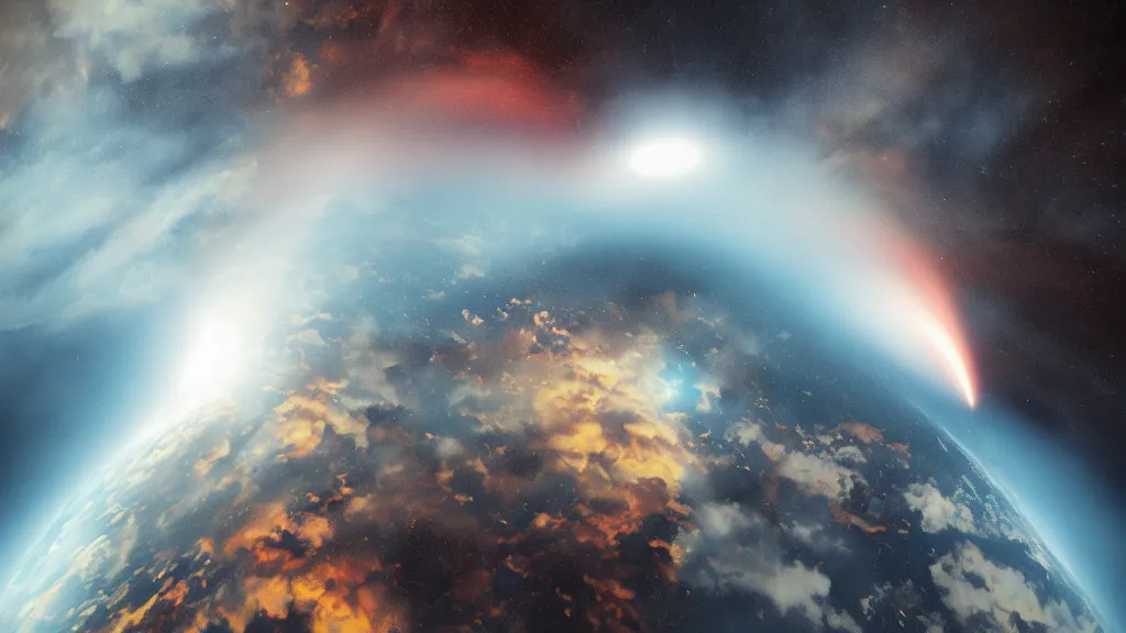 Prompt: the pilot reported a Sub-Polar Hyper-Flare Cloud just as we re-entered ordinary space, a miscalculation and we be literally cooked, everything in focus, rule of thirds, rendered in octane, rendered in Corona, rendered in vray, rendered in Arnold, insanely detailed, photorealistic, cinematic, global illumination, rule of thirds, rendered in octane, rendered in Corona, rendered in vray, rendered in Arnold, insanely detailed, photorealistic, cinematic, global illumination, no grain