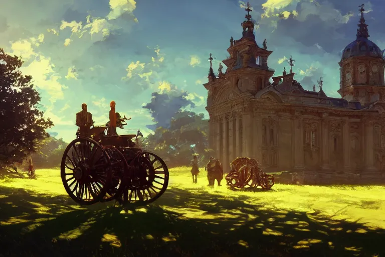 Image similar to a driving ornate baroque church mounted on chainwheels, scene in an open field. key visual, conceptart, ambient lighting, highly detailed, digital painting, artstation, concept art, sharp focus, by makoto shinkai and akihiko yoshida and greg manchess