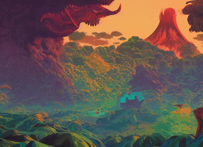 Image similar to psychedelic art of dinosaurs and volcanoes, jungle landscape, detailed, cel shaded, by makoto shinkai and moebius and anton fadeev and james gurney