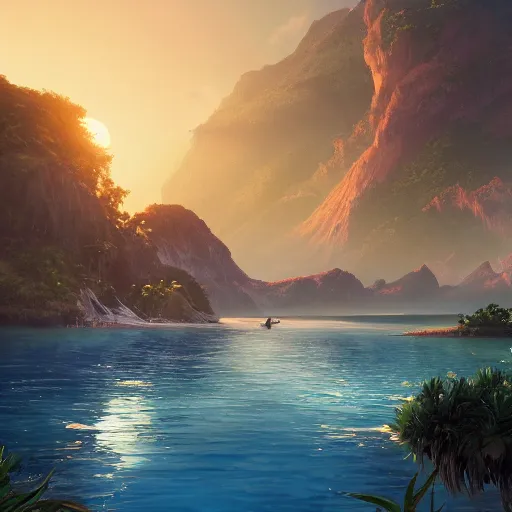 Prompt: matte painting of a beautiful lagoon from Uncharted games by Jordan Grimmer and Ken Sugimori, Trending on Artstation, digital Art, Octane Render, Pokemon anime, at dusk!!