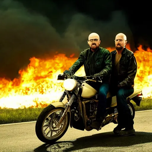 Image similar to photo of walter white and jesse pinkman riding motorcycles with a building on fire behind them, color, cinematic lighting, highly detailed